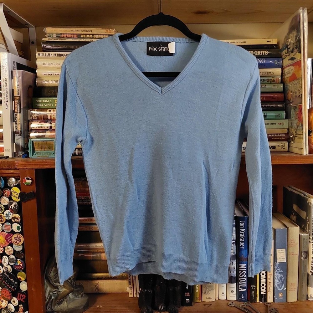 Vintage 70s Pine State V-Neck Sweater Light Blue Knit Preppy Academic Size Small